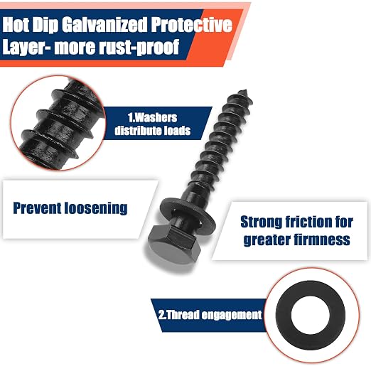 Tandefio 200 Pack 1/2''x 3'' Hex Head Lag Bolts for Wood Ceramic Black Lag Screw Kit with Washers Heavy Duty Hot Dip Galvanized Coating Double Layer for Decks Fences