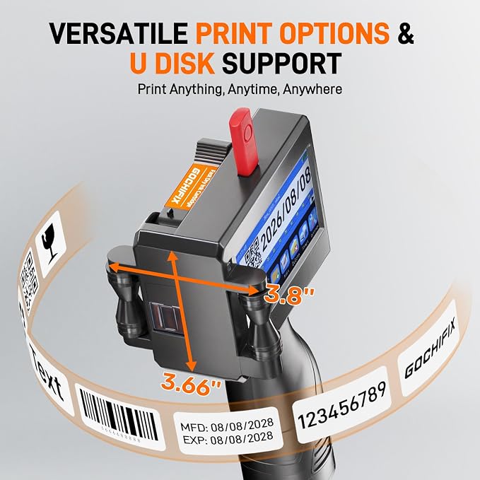 GOCHIFIX Handheld Inkjet Printer with 4.3'' Touch Screen Portable Handheld Printer Printing Height 0.08-0.5 Inch Inkjet Coding Machine for Text QRCode Barcode Image Date (Support 27 Languages)