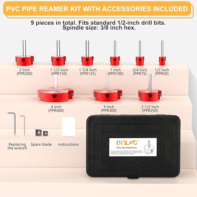 PVC Pipe Reamer, PVC Fitting Saver, 9Pcs Pipe Reamer for SCH40, Includes 1/2 inch, 3/4 inch, 1 inch, 1-1/4inch, 1-1/2inch, 2inch, 2-1/2inch, 3inch, 4inch Head Aluminum with 2 Blades