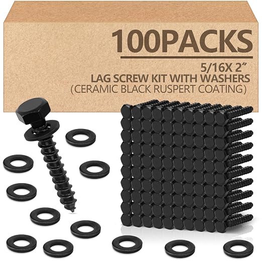 Tandefio 100 Pack 5/16''x2'' Hex Head Lag Bolts for Wood Ceramic Black Lag Screw Kit with Washers Heavy Duty Hot Dip Galvanized Coating Double Layer for Decks Fences