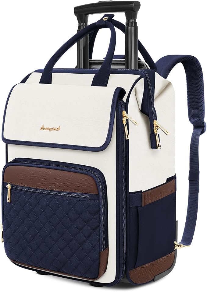Rolling Backpack for Women, Travel Rolling Laptop Backpack with Wheels, Vertical & Horizontal Storage 2 In 1, Flip-Top Design, Water-Resistant Overnight College Underseat Carry on Luggage, Navy Blue