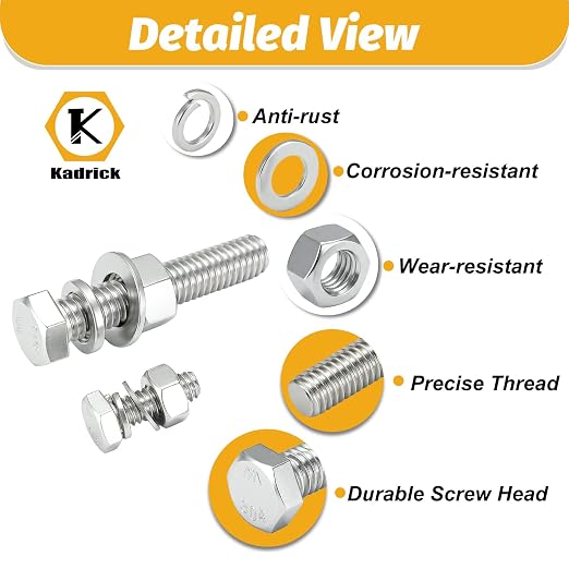 Kadrick 456Pcs 18-8(304) Stainless Steel Hex Bolts Assortment,1/4-20 5/16-18 3/8-16 Heavy Duty Bolts and Nuts Kit, Assorted SAE Bolts Nuts Flat&Lock Washers,Lenth Form 1/2''-2''