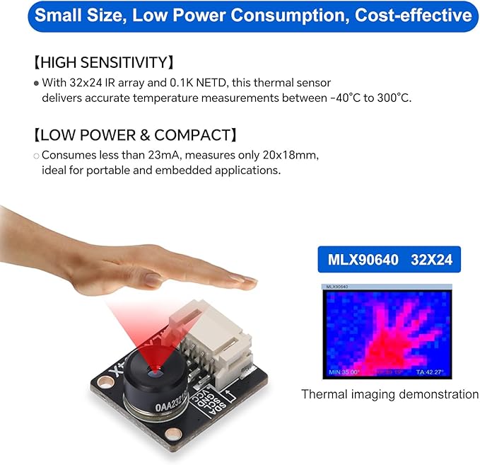 MLX90640-D110 Thermal Imaging Camera, 32x24 IR Array | I2C Interface, Raspberry Pi/Arduino/STM32 Compatible, -40°C to 300°C Range, 110° FOV