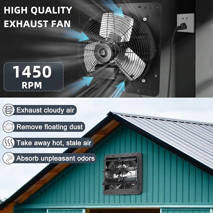 Criditpid 14 Inch Pure Copper Shutter Exhaust Fan, Black Through Wall Ventilation Exhaust Fan with ON/OFF Switch for Gable, Home, Shed, Garage, Basement, Kitchen, Attic Ventilation, 1088CFM, 1450RPM.