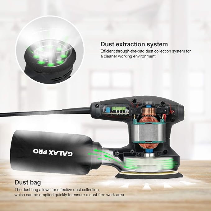 GALAX PRO 280W 13000OPM Max 6 Variable Speeds Orbital Sander with 15Pcs Sanding Discs, 5” electric Sander with Dust Collector for Sanding and Polishing