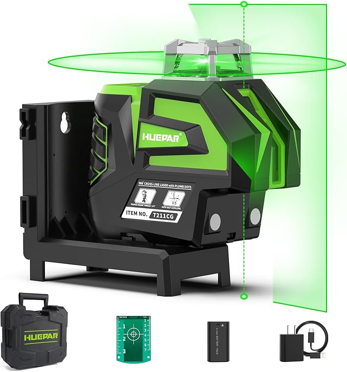 Huepar Self Leveling Laser Level Green Cross Line Laser with 2 Plumb Dots Laser Tool -360° Horizontal Line Plus 140° Vertical Level Laser with Up & Down Points - Rechargeable & Magnetic Bracket 7211CG