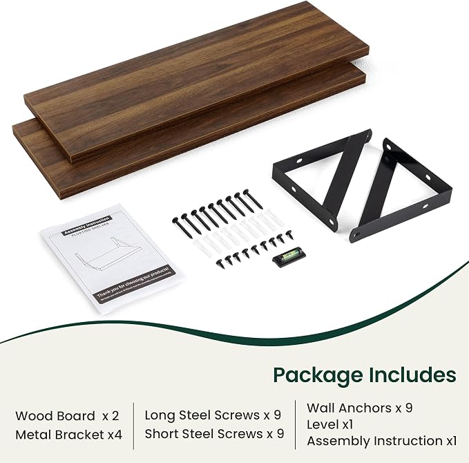 Floating Shelves 8 Inch Deep, 24W x 8D Wall Shelf Set of 2, 50 lbs Heavy Duty Reversible Metal Brackets, Industrial Book Shelf for Living Room Kitchen Bathroom Bedroom Gallery Wall, Walnut