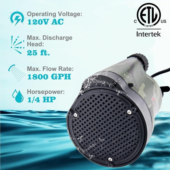 TIGEROAR 120V Submersible Pump 1/4 HP Water Transfer Pump 1800 GPH Utility Sump Pump with 10 ft. Cord and Hose Adapter for Transferring Water