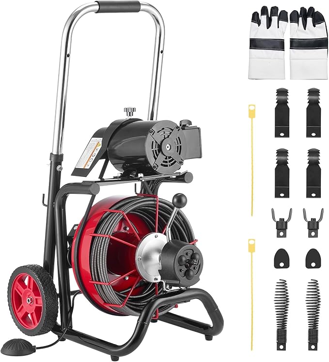 VEVOR Drain Cleaner Machine 100 FT x 1/2 Inch, Auto Feed Sewer Snake Auger on Wheels - with 8 Cutters & Air-Activated Foot Switch for 2" to 6" Pipes