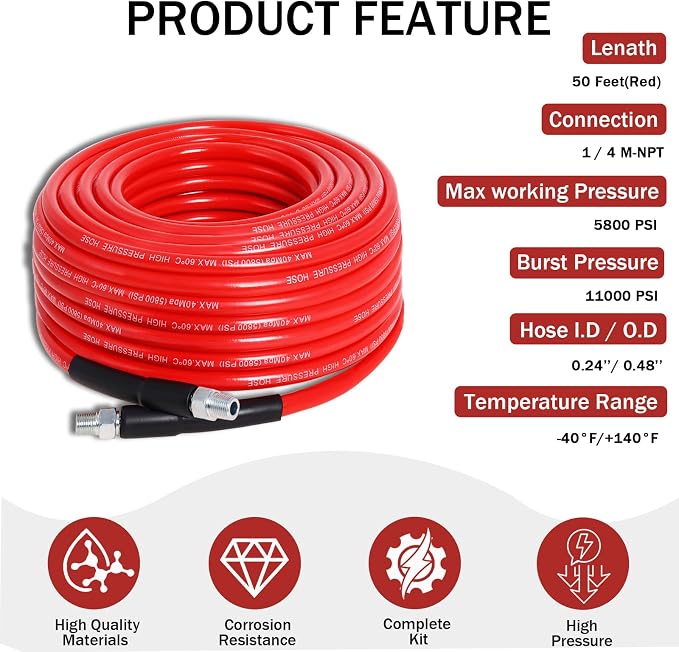 Sewer Jetter Kit for Pressure Washer 50FT, 5800PSI Drain Cleaner Hose 1/4 Inch NPT Corner with 5 Sewer Jetting Nozzles，Waterproof Tape，Pearl Corsage Pin & 2 Spanners (Red)