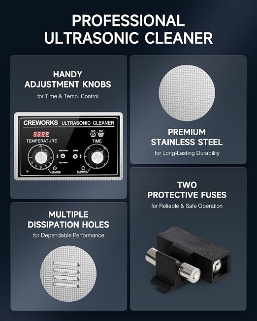 CREWORKS 30L Ultrasonic Cleaner with Heater and Timer, 600W Stainless Steel Ultrasonic Cleaner Machine with Degas & Gentle Modes, Ultrasonic Parts Cleaner with Knob Control for Machine Part Auto Tool