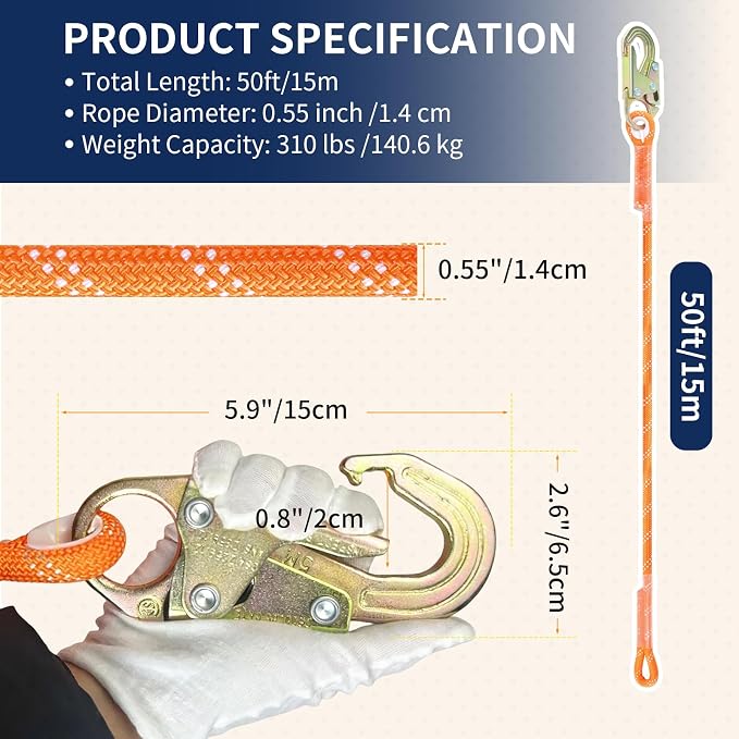 Fall Protection Safety Rope 50FT, Heavy Duty Vertical Lifeline Assembly with Grab Snap Hooks Shock Absorber, Safety Lanyard for Roofing Tree Climbing Construction