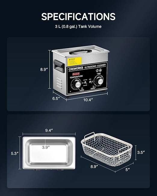 CREWORKS 3L Ultrasonic Cleaner with Degas & Gentle Modes, 120W Stainless Steel Ultrasonic Cleaner Machine with Heater and Timer, Ultrasonic Parts Cleaner with Knob Control for Jewelry Glasses Watch