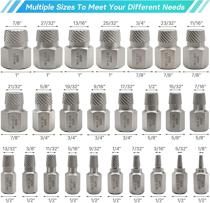 25Pcs Bolt Extractor Kit, Screw Extractor Set Hex Head, Multi-Spline Easy Out Bolt Extractor Tool, Removes Broken Stripped Screws Bolts, Cr-Mo