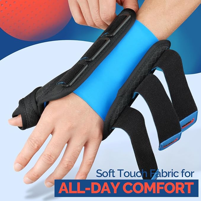 FEATOL Carpal Tunnel Wrist Brace Night Support, Thumb Spica Splint Right Hand for De Quervains Tenosynovitis, Tendonitis, Thumb Brace for Women Men, Black Blue, Medium/Large