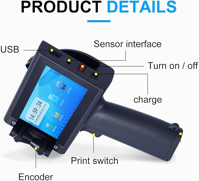 Handheld Inkjet Printer for Flat and Curved Surface with 4.3 Inch Touch Screen, Multi-Language,Prints QR/Text/Date, 2-12.7mm on Metal/Wood/Glass(50m/min),Include Spray coding machine cleaning solution