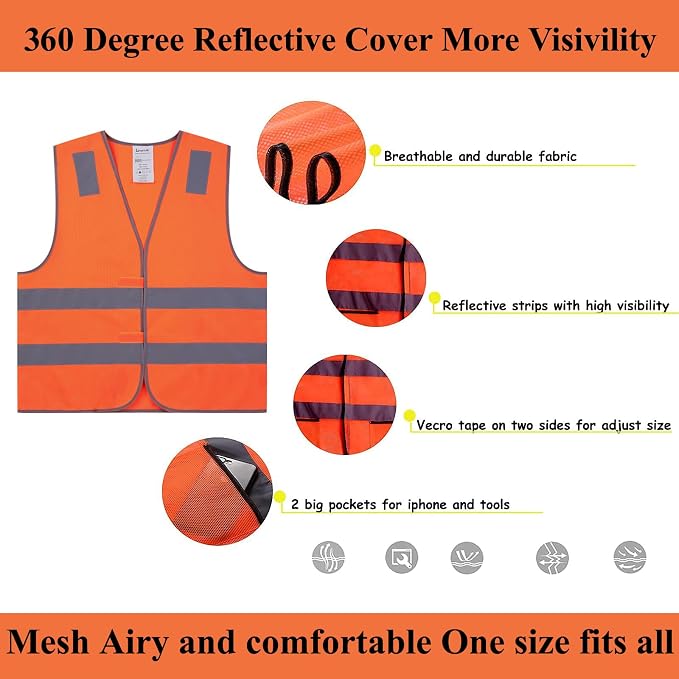 Safety Vests 20 Pack - Orange Reflective High Visibility Construction ANSI Class 2 Work Vests for Men,Woman,Hi Vis Mesh and Neon Silver Strip