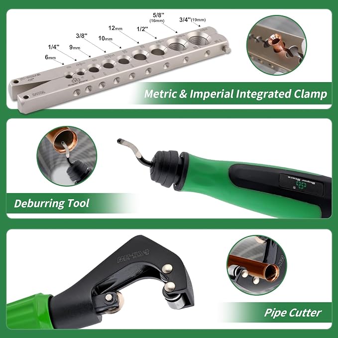 Power Flaring Tool Kit for 1/4" - 3/4" HVAC Cordless Flare Tool with Metric and Imperial Integrated Clamps 45° Eccentric Cone for Copper Aluminum Pipe with Deburring and Cutter Tool