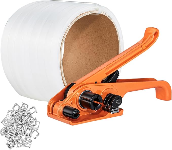 VEVOR Banding Strapping Kit with Strapping Tensioner Tool, 328 ft Length Woven Strapping Cord Band, 100 Metal Seals, Pallet Packaging Strapping Banding Kit, Banding Packaging Strapping for Packing