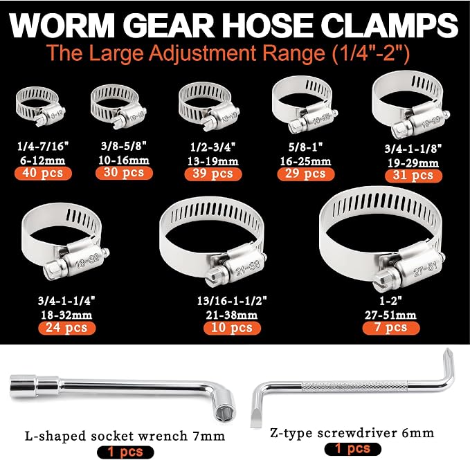 210Pcs Stainless Steel Hose Clamps Assortment Kit 1/4"to 2"(6-51mm) Adjustable Worm Gear Hose Clamps, Small Heavy Duty Hose Clamps for Automotive/Garden/Water Pipe/Sprinkler Line/Fuel Line