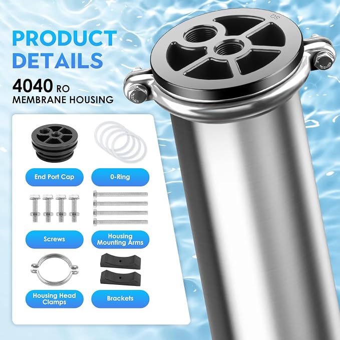 JTAPURE 4040 RO Membrane Housing, 4x40 304 Stainless Steel Commercial | 300 PSI stainless steel pressure vessel for commercial RO systems, whole house filtration, and spot-free car wash setups.