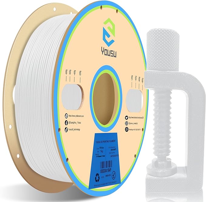 YOUSU Polypropylene PP Filament, 1.75mm 3D Printer Filament for FDM 3D Printers, 1kg (2.2lbs) 5 Pcs Build Sheet Included, Semi-Flexible Ultra Tough Filament, White