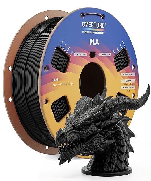 OVERTURE PLA Filament 1.75mm, Neatly Wound 3D Printer Filament 1kg Spool (2.2lbs), Dimensional Accuracy +/- 0.02 mm, Fit Most FDM 3D Printers (Black 1-Pack)