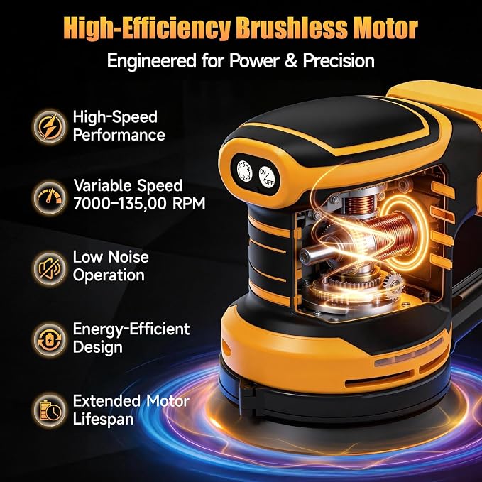 Cordless 5-Inch Random Orbital Sander Compatible with DeWalt 20V Battery (Tool Only), Brushless Electric Sander with Dust Collection, 6 Variable Speeds (7,000–13,500 RPM) for Woodworking & Furniture