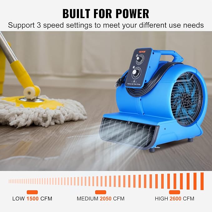 VEVOR Air Mover, 1/2 HP 2600 CFM Carpet Dryer for Cooling and Ventilating, Portable Floor Blower Fan with 4 Blowing Angles and Time Function, for Janitorial, Home, Commercial Use