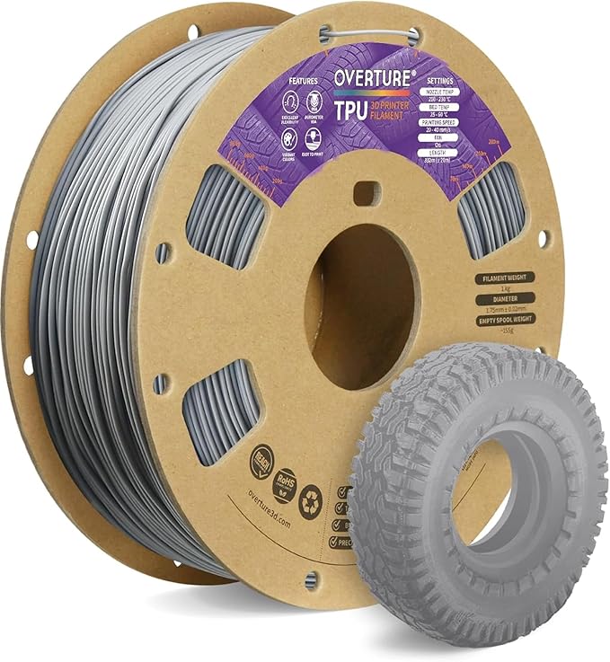 OVERTURE TPU 95A Flexible 3D Printer Filament 1.75mm | High Elasticity & Durability Filament,1kg Spool(2.2lbs),Fit Most FDM Printer(TPU Grey)