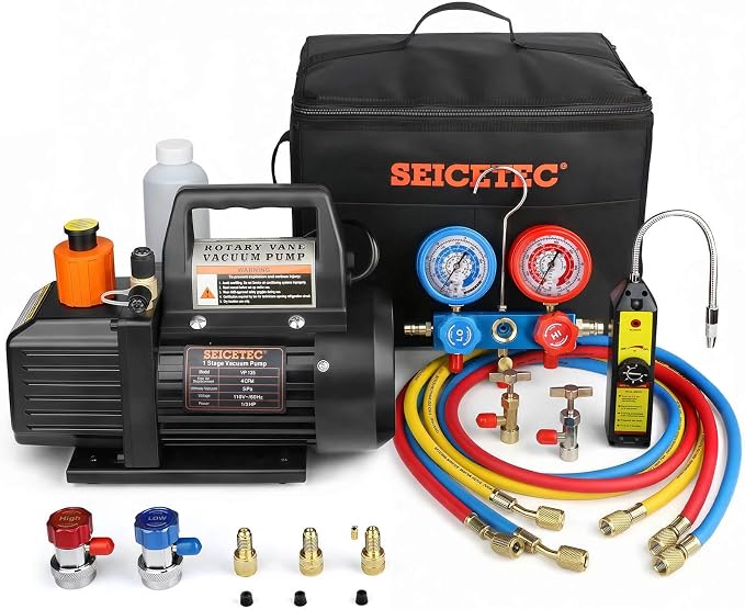4 CFM HVAC Vacuum Pump with Manifold Gauge Set | 1/3 HP Single Stage Refrigerant Recharge Kit for Auto AC and R410A Mini Split, R134a, R22, R404A, Leak Detector