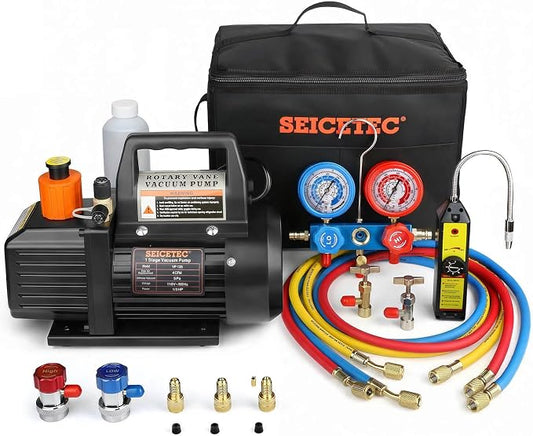 4 CFM HVAC Vacuum Pump with Manifold Gauge Set | 1/3 HP Single Stage Refrigerant Recharge Kit for Auto AC and R410A Mini Split, R134a, R22, R404A, Leak Detector