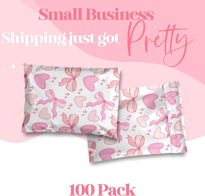Pretty Package Store 10x13 Designer Poly Mailer 100 Pack Heavy Duty Waterproof Self Seal Shipping Bags for Small Business Large Mailing Envelopes Bulk Tear Resistant Packaging Coquette Bows Hearts