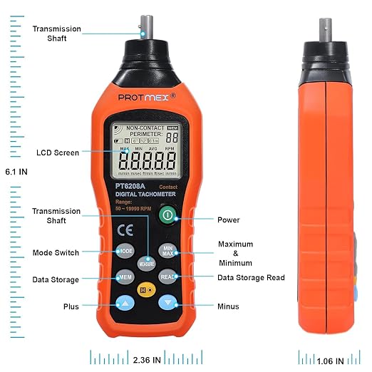 Protmex Digital Tachometer, 50-19999 RPM Contact Tachometer, 100 Groups Data Store Handheld Speed Meter with Backlight, Max/Min/AVG RPM Rotation Speed Gauge, PT6208A (Batteries Included)