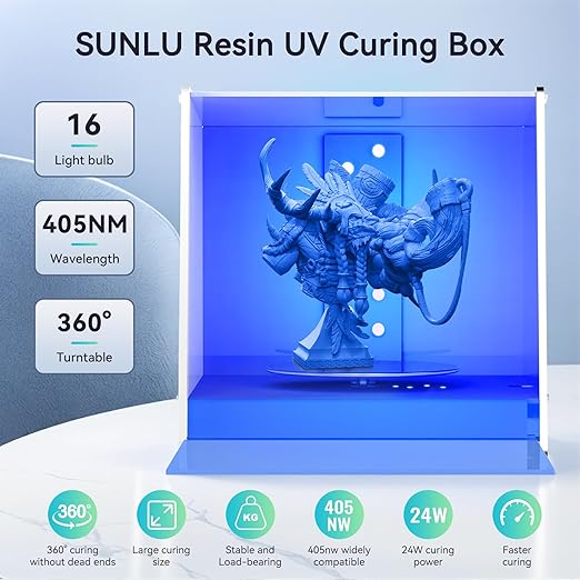 SUNLU Resin UV Curing Box Plus, 405nm UV LED Lights, UV Light Curing Machine with Timer, 360° Spinning Turntable and Acrylic Reflector, Big Size Rotary Resin Dryer