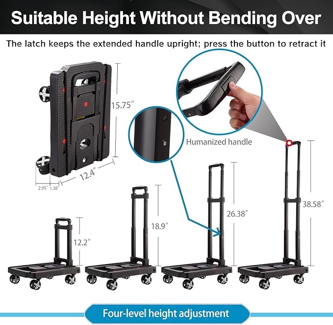 GtIiFmTe Foldable Hand Truck, Lightweight Luggage Cart for Airport Car Seat | Black compact dolly with4wheels,storage size12×15.7×4.1in,300lbs Load,Upright Lock Handle,4 swivel wheels with 3bungee cords