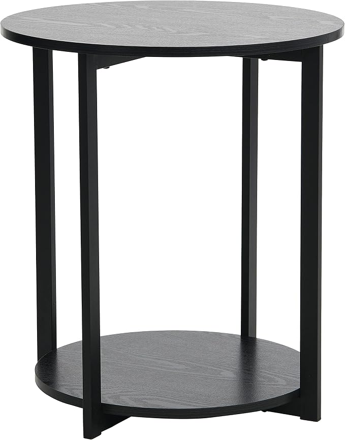 Household Essentials Jamestown Round Side End Table with Storage Shelf Black Oak Wood Grain and Black Metal