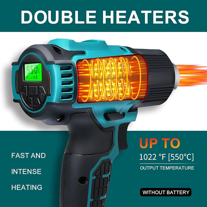Cordless Heat Gun for Makita 18v Battery, 350W 122℉-1022℉ Fast Heating Soldering Hot Air Gun with LCD Digital Display for Shrink Tubing, PVC Wrap, Crafts, Car Wiring (No Battery)