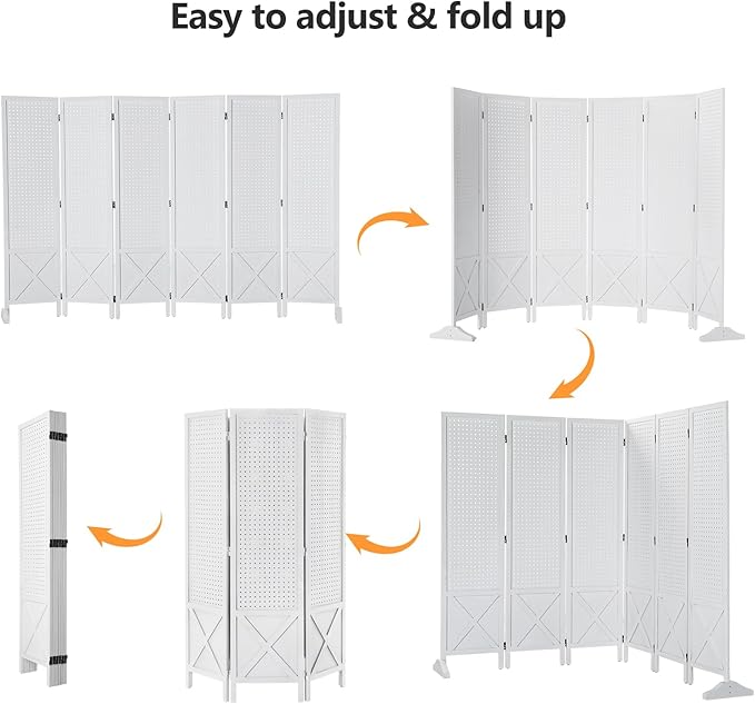 VINGLI Freestanding Pegboard with Support Feet, 5 FT Wood Room Divider Display Board Organizer, Folding Privacy Screen Partition Space Separator for Craft Shows Events Retail (White, 6 Panel)