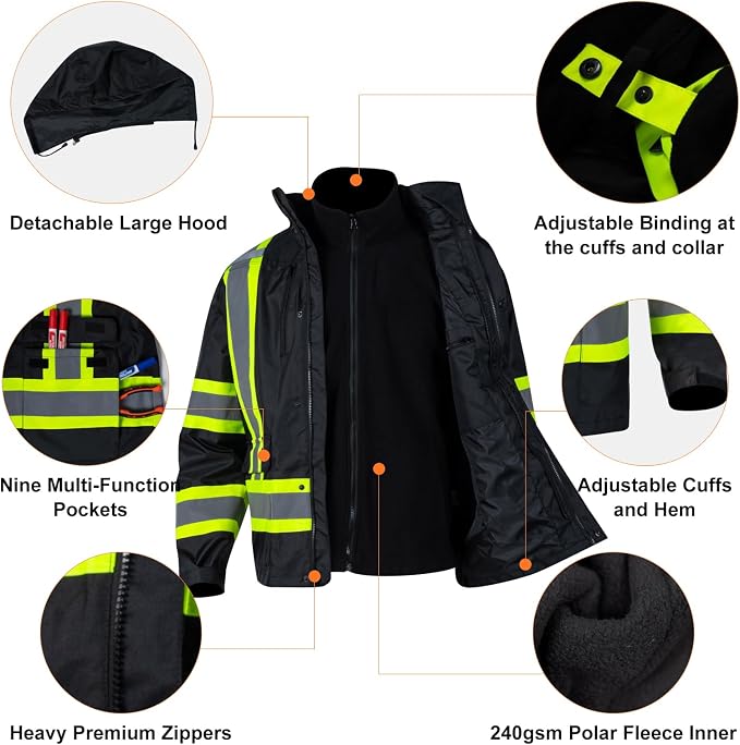 FONIRRA High Visibility Safety Jackets for Men 3-in 1 Hi Vis Reflective Winter Jacket Waterproof ANSI Class 3