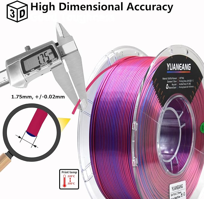 Silk Dual Color PLA Filament 1.75mm, ±0.03mm Precision, 1kg Spool (2.2 lbs), Smooth Multi-Tone Gradient PLA, Silk Red Blue