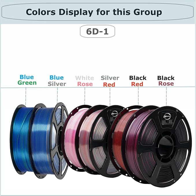 6KG Dual Color Silk Filament, Silk PLA 3D Printer Filament 1.75mm, 1KG Spool(2.2 lbs), 6 Pack, PLA Silk Dual Color,Shiny Bluegreen BlueSilver WhiteRose SilverRed BlackRed BlackRose