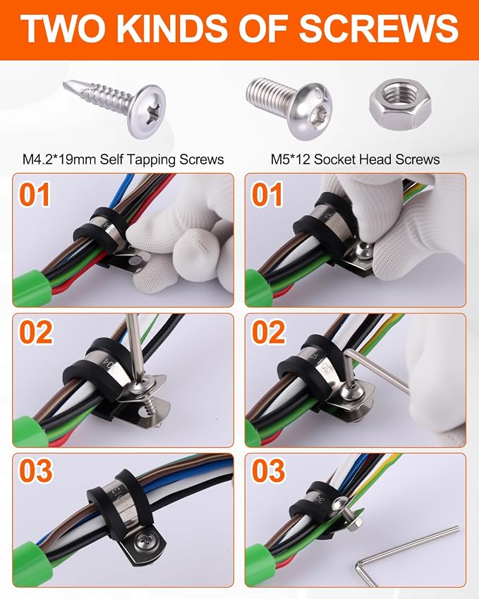 328PCS Cable Clamps Assortment Kit, 304 Stainless Steel Rubber Cushion Pipe Clamps, 9 Sizes 1/4" 5/16" 3/8" 1/2" 5/8" 3/4" 1" 1-1/4" 1-1/2" Wire Clamps with Screws, Screwdriver, Handheld Box