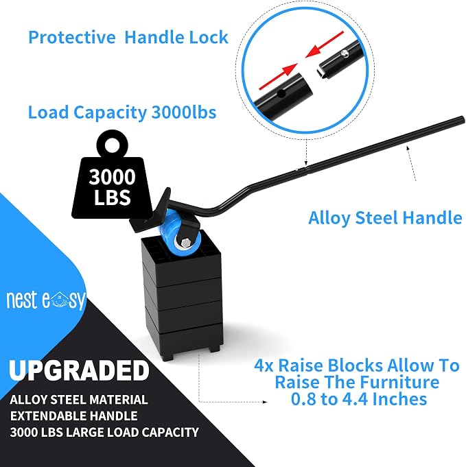 Heavy Duty Furniture Dolly 360° Rotating 5 Blue Wheels, Alloy Steel Furniture Movers Up to 3000 lbs/1360 Kg Load Capacity with Measure Tape and Leveler (5.3x5.3 in)