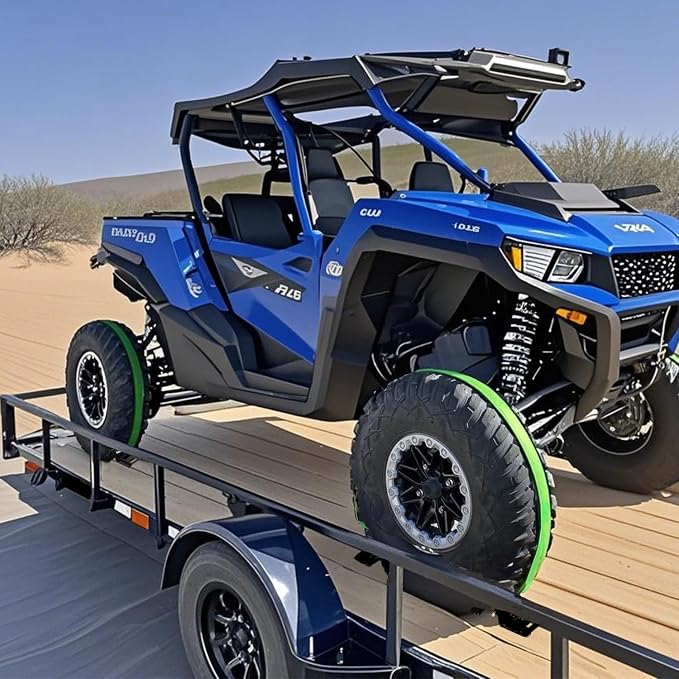 Wheel Chock Tie Down Kit (4,500lb Break Strength) Heavy Duty Trailer Tire Straps System for ATV, UTV, Lawn Mower & More - Ratchet Tie Downs Accessories with E Track for Four Wheeler Green