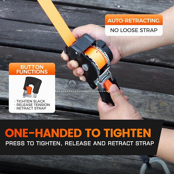 Retractable Ratchet Straps 4 Pack, 1" x 10' Self Retracting Tie Down Straps | Heavy Duty Ratchet Straps with 1760lb Break Strength, Auto Retractable Tie Down Straps for ATV, UTV, Motorcycle, Trailer