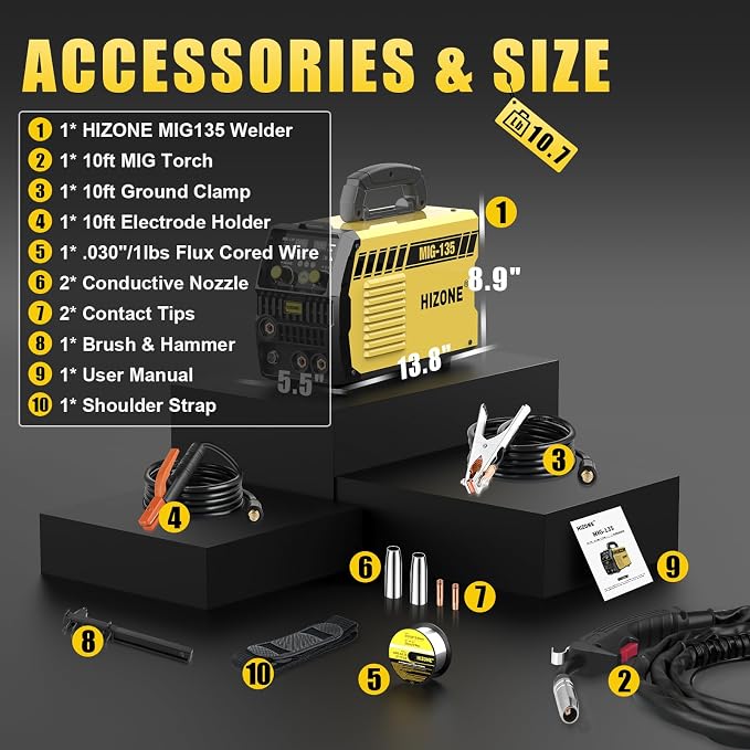 HIZONE 135A MIG Welder, 110V Flux Core MIG Welder/Lift TIG/Stick 3 in 1 Welding Machine, IGBT Inverter Welder with Welding Wire