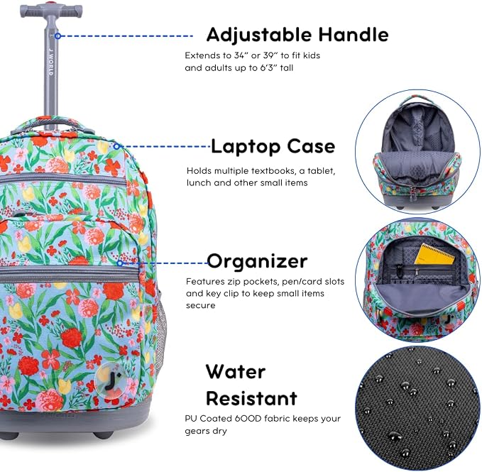 J World Sundance Laptop Rolling Backpack for Girls Boys. Roller Bookbag with Wheels, 20 Inch, Flora
