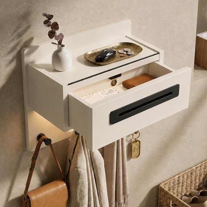 Floating Shelf with Drawer & Hooks, Entryway Organizer with Sensor Light | Italian Wood Veneer, Hidden Drawer, 4 Matte Black Hooks & Warm Sensor Light for Mail, Keys, Wallets, Coats & Daily Essentials