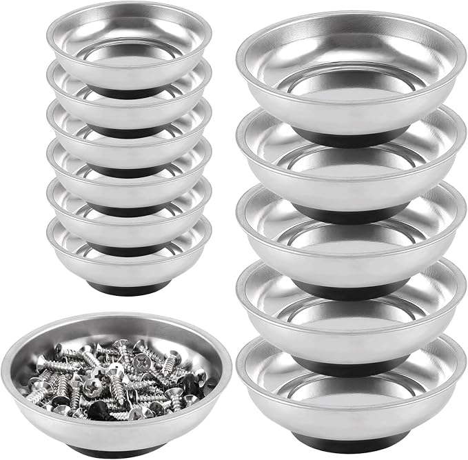 FUNSUEI 12 Packs 6 Inch and 3 Inch Magnetic Tray Set, Stainless Steel Magnetic Bowl, Round Magnetic Parts Tray for Pins, Screws, Bolts, Nuts, Small Parts